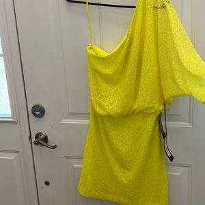 Neon yellow sequin one shoulder mini dress